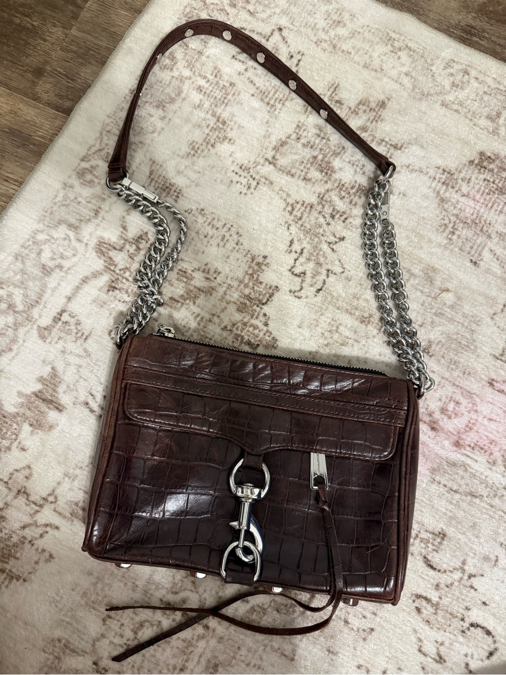 Rebecca Minkoff Dark Brown Croc-Embossed Leather Chain Strap Crossbody